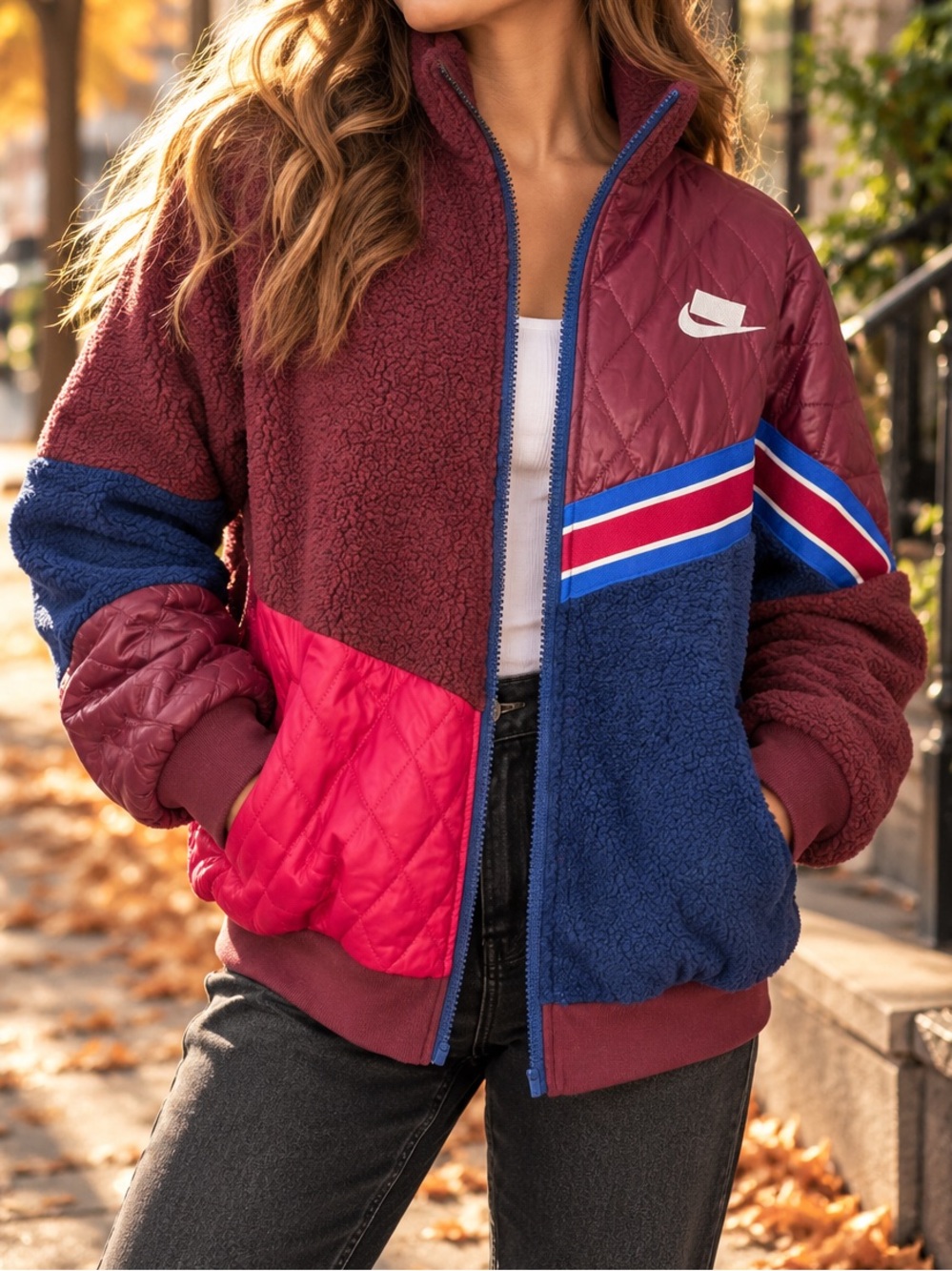 Nike Colorblock Sherpa & Quilted Jacket Burgundy Blue White Size M